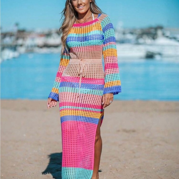 She and Sky Multicolor Crochet Maxi Swim Coverup — Pink, Turquoise, Yellow, Blue - Picture 2 of 3
